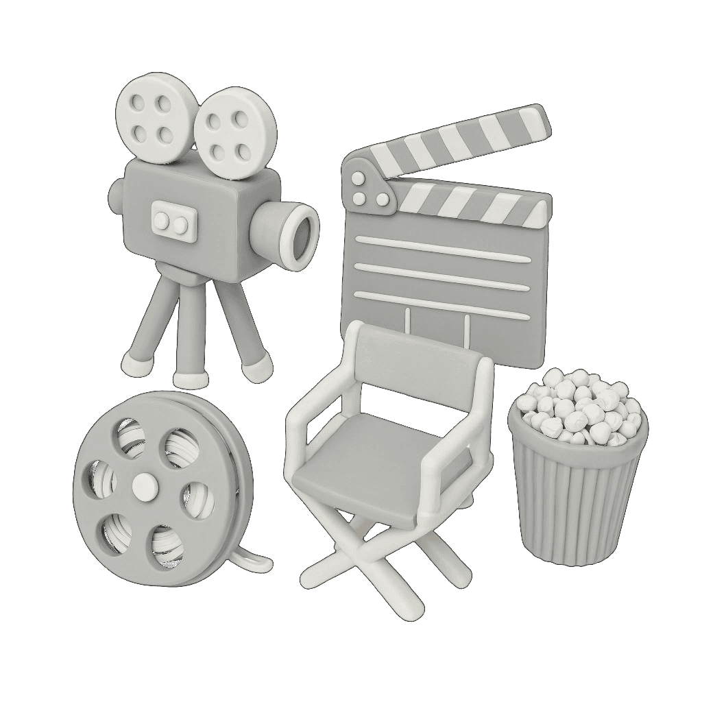 Clay film camera, clapperboard, reel, director chair, and popcorn