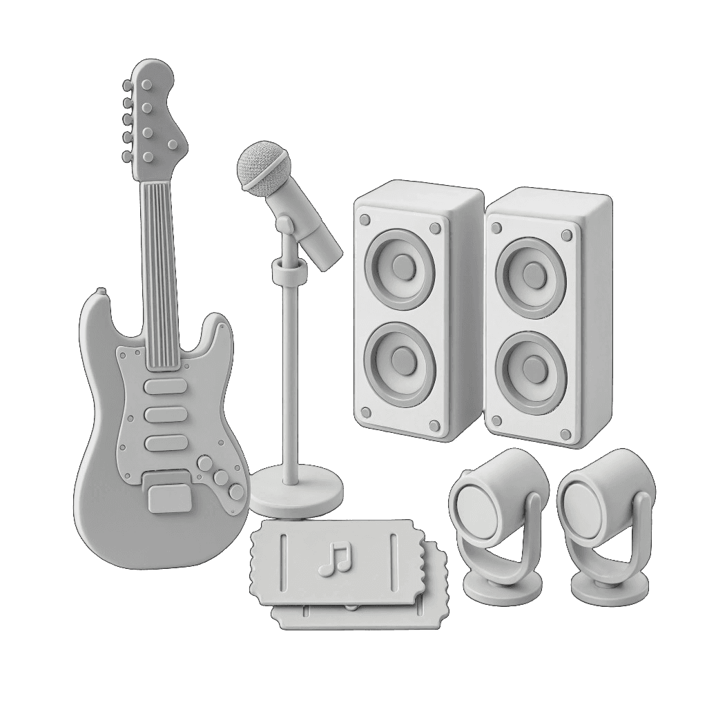 Clay guitar, microphone, speakers, tickets, and stage lights