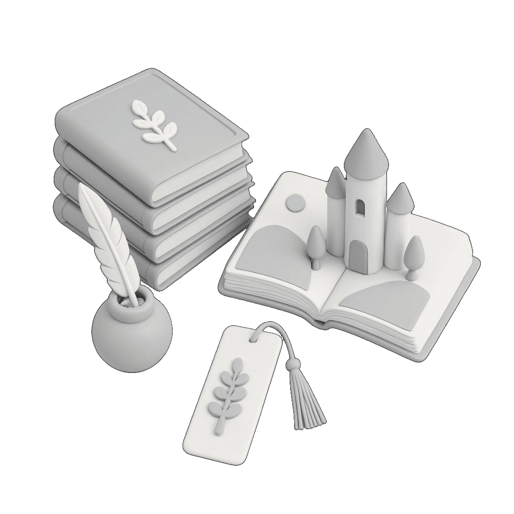 Clay storybooks, pop-up castle, quill, and bookmark